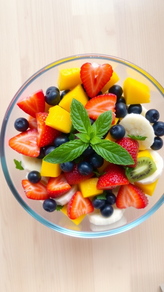 Aesthetic fruit salad with strawberries, blueberries, kiwi, mango, and banana in a glass bowl, garnished with mint.